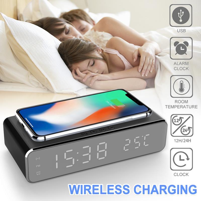 New Electric LED Alarm Clock With Mobile Phone Wireless Charger HD Clock Digital Alarm Clock with Wireless Charging 3 Alarms LED Display Sound Control and Snooze Dual for Bedroom Bedside Office Mirror With Time Memory Digital Thermometer Clock Stevvex
