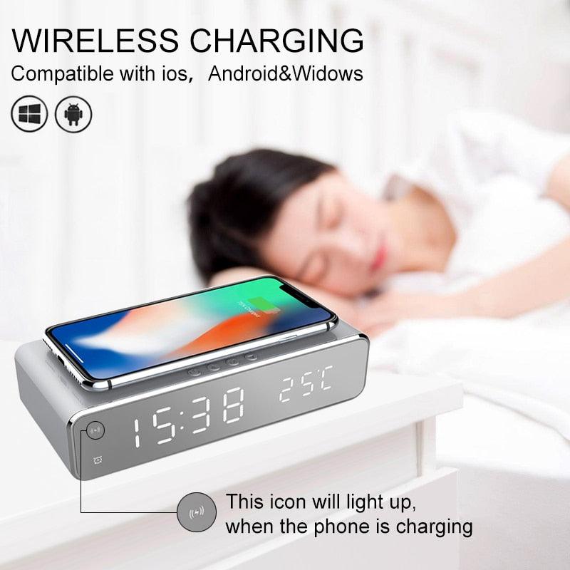New Electric LED Alarm Clock With Mobile Phone Wireless Charger HD Clock Digital Alarm Clock with Wireless Charging 3 Alarms LED Display Sound Control and Snooze Dual for Bedroom Bedside Office Mirror With Time Memory Digital Thermometer Clock Stevvex