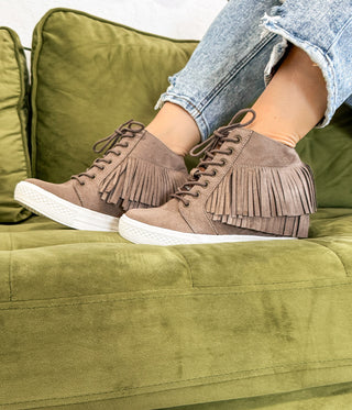 Nick Fringe Sneaker Wedge in Taupe Naughty Monkey
