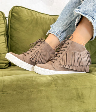 Nick Fringe Sneaker Wedge in Taupe Naughty Monkey