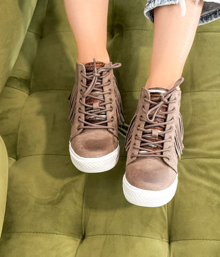 Nick Fringe Sneaker Wedge in Taupe Naughty Monkey