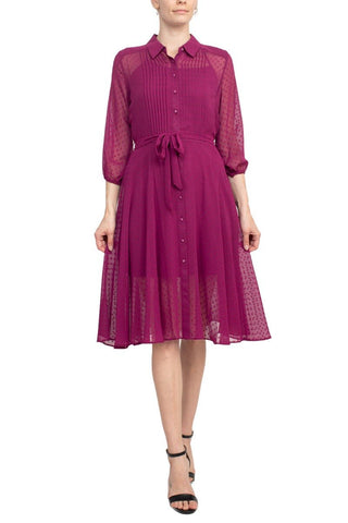 Nanette Lepore Collared 3/4 Sleeve Button Down Tie Waist Illusion Chiffon Dress - Glamourous Grace