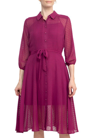 Nanette Lepore Collared 3/4 Sleeve Button Down Tie Waist Illusion Chiffon Dress - Glamourous Grace