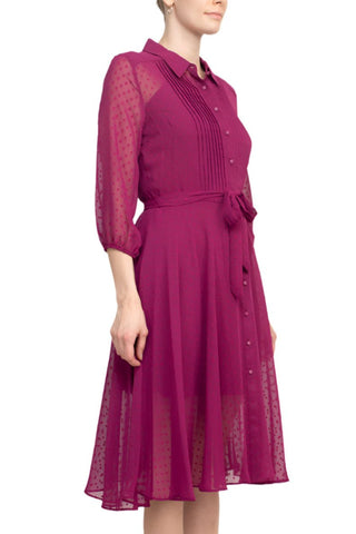 Nanette Lepore Collared 3/4 Sleeve Button Down Tie Waist Illusion Chiffon Dress - Glamourous Grace