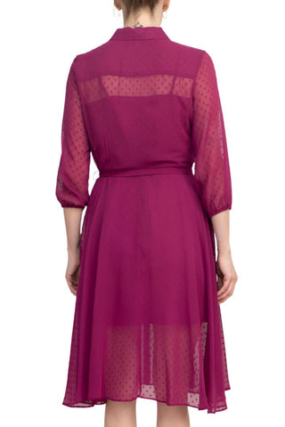 Nanette Lepore Collared 3/4 Sleeve Button Down Tie Waist Illusion Chiffon Dress - Glamourous Grace