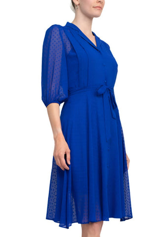 Nanette Lepore Collared Short Sleeve Tie Waist Illusion Rayon Dress - Glamourous Grace