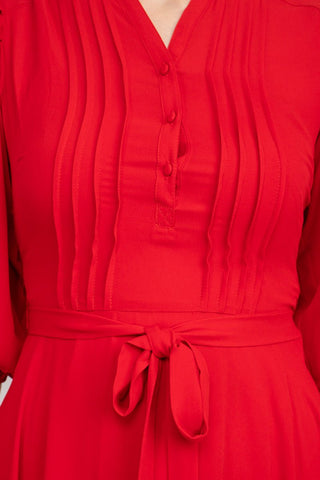 Nanette Lepore V - Neck 3/4 Sleeve Pleated Front Tie Waist Fit and Flare Solid Crepe Dress - Glamourous Grace