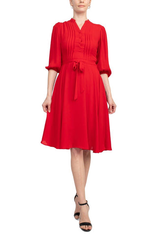 Nanette Lepore V - Neck 3/4 Sleeve Pleated Front Tie Waist Fit and Flare Solid Crepe Dress - Glamourous Grace