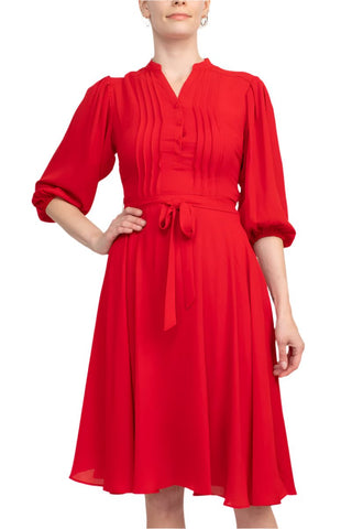 Nanette Lepore V - Neck 3/4 Sleeve Pleated Front Tie Waist Fit and Flare Solid Crepe Dress - Glamourous Grace