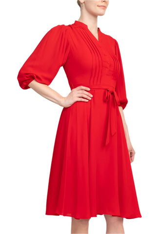 Nanette Lepore V - Neck 3/4 Sleeve Pleated Front Tie Waist Fit and Flare Solid Crepe Dress - Glamourous Grace