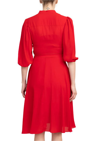 Nanette Lepore V - Neck 3/4 Sleeve Pleated Front Tie Waist Fit and Flare Solid Crepe Dress - Glamourous Grace
