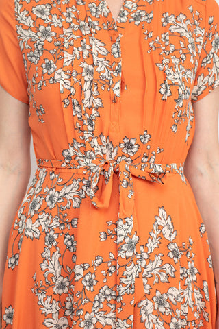 Nanette Lepore V-Neck Short Sleeve Pleated Front Tie Waist A-Line Floral Print Crepe Dress - By Baano