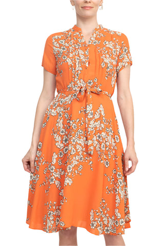 Nanette Lepore V-Neck Short Sleeve Pleated Front Tie Waist A-Line Floral Print Crepe Dress - By Baano