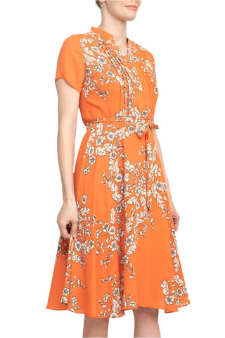 Nanette Lepore V-Neck Short Sleeve Pleated Front Tie Waist A-Line Floral Print Crepe Dress - By Baano