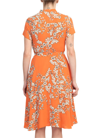 Nanette Lepore V-Neck Short Sleeve Pleated Front Tie Waist A-Line Floral Print Crepe Dress - By Baano