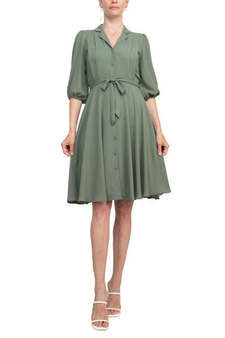 Nanette Lepore Collared 3/4 Sleeve Pleated Tie Waist Solid Rayon Dress - Glamourous Grace