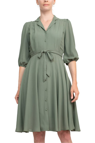 Nanette Lepore Collared 3/4 Sleeve Pleated Tie Waist Solid Rayon Dress - Glamourous Grace