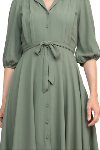 Nanette Lepore Collared 3/4 Sleeve Pleated Tie Waist Solid Rayon Dress - Glamourous Grace
