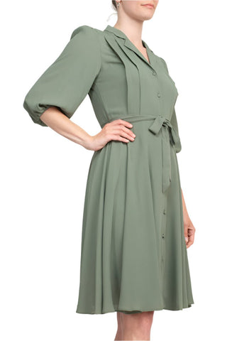 Nanette Lepore Collared 3/4 Sleeve Pleated Tie Waist Solid Rayon Dress - Glamourous Grace