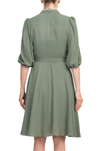 Nanette Lepore Collared 3/4 Sleeve Pleated Tie Waist Solid Rayon Dress - Glamourous Grace