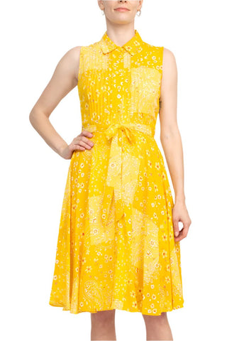 Nanette Lepore Collared Pleated Front Tie Waist Multi Print A - Line Crepe Dress - Glamourous Grace
