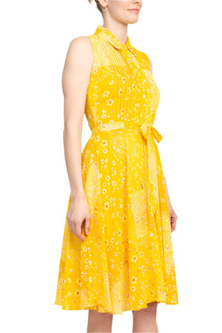 Nanette Lepore Collared Pleated Front Tie Waist Multi Print A - Line Crepe Dress - Glamourous Grace