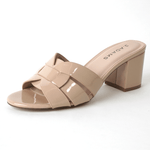 Beige Patent Sandals by J.Adams featuring wide geometric straps and padded footbeds, perfect for comfort and elegance in casual wear.