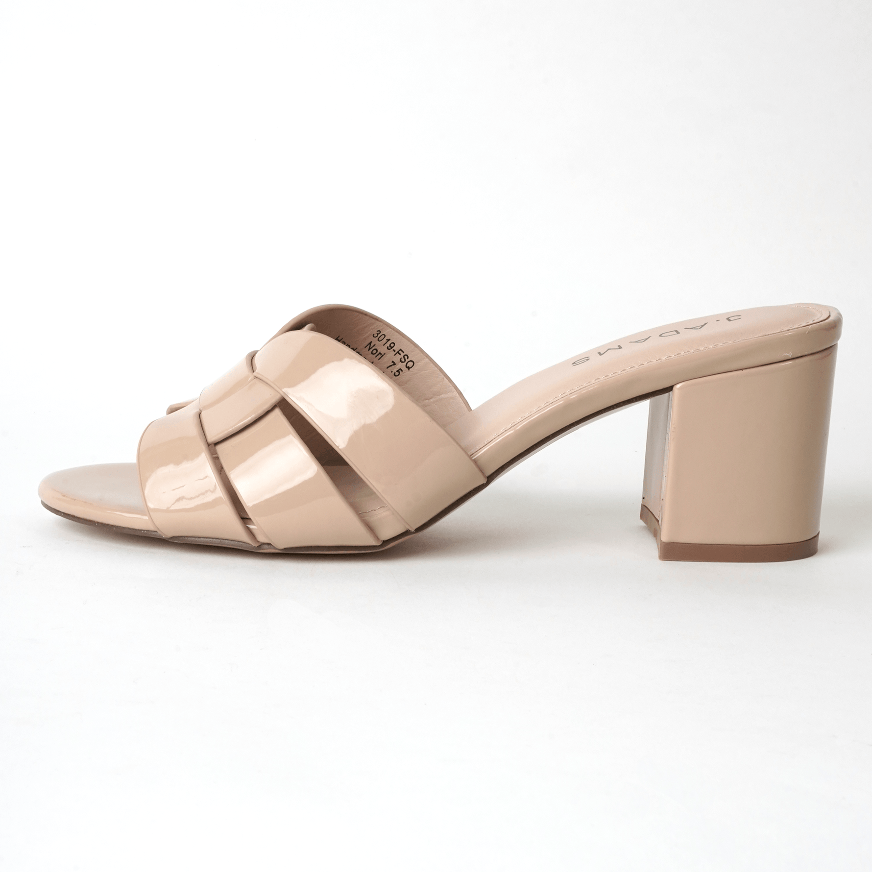 Nori Beige Patent Sandals with geometric crisscross straps and chunky block heels in glossy finish, ideal for stylish summer outfits.