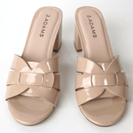 Top view of Nori Beige Patent Sandals showcasing glossy geometric straps and cushioned insoles for all-day comfort and chic appeal.