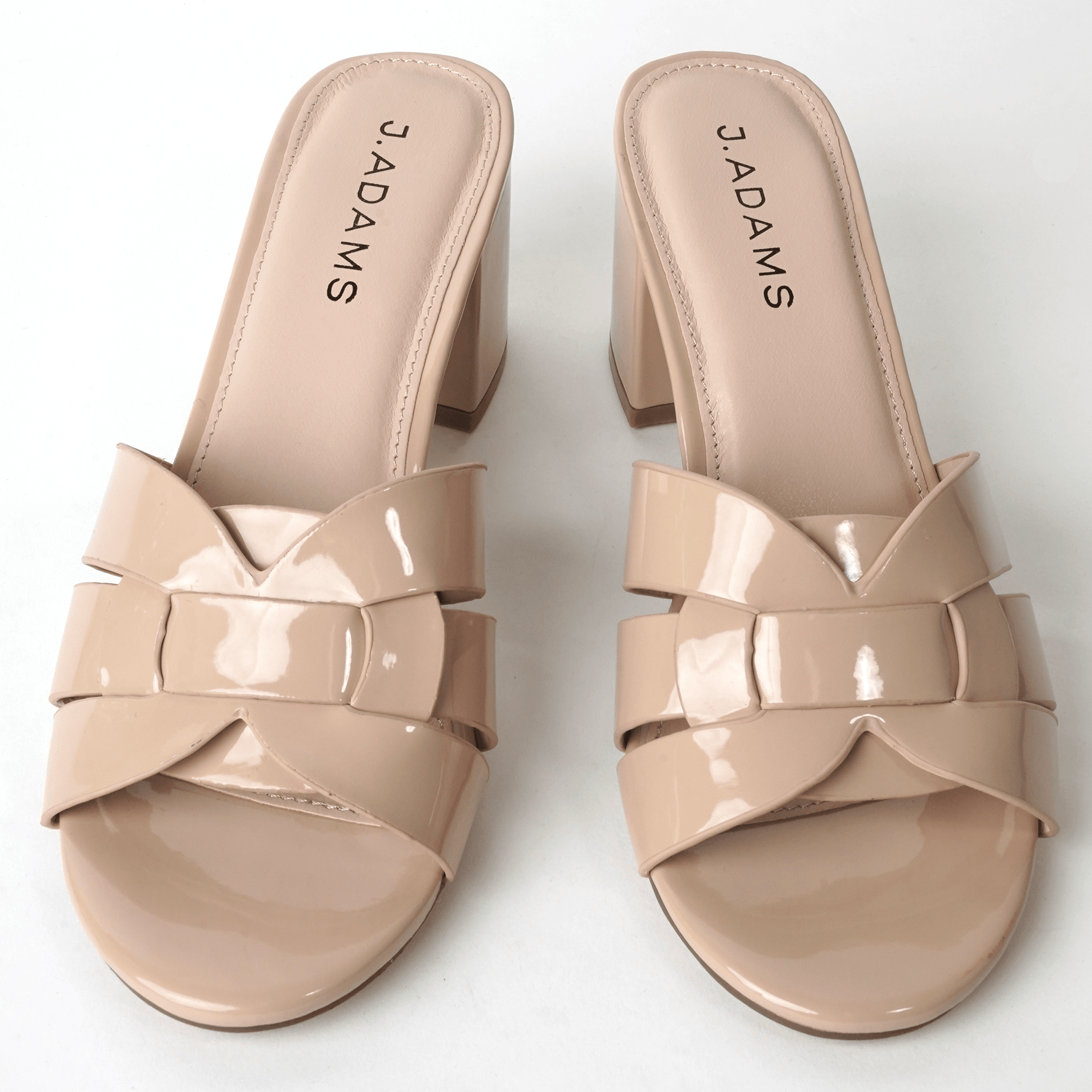 Top view of Nori Beige Patent Sandals showcasing glossy geometric straps and cushioned insoles for all-day comfort and chic appeal.