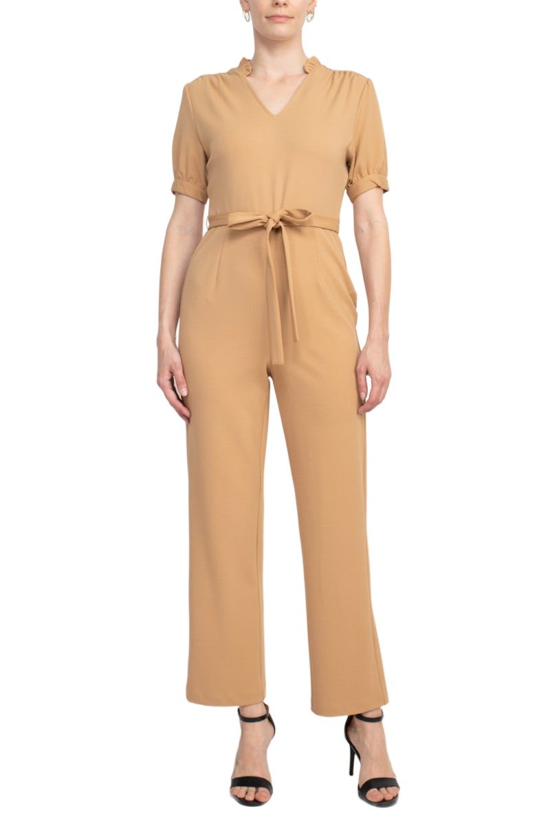 Nanette Lepore V - Neck Short Sleeve Tie Waist Solid Zipper Back Jumpsuit - Glamourous Grace