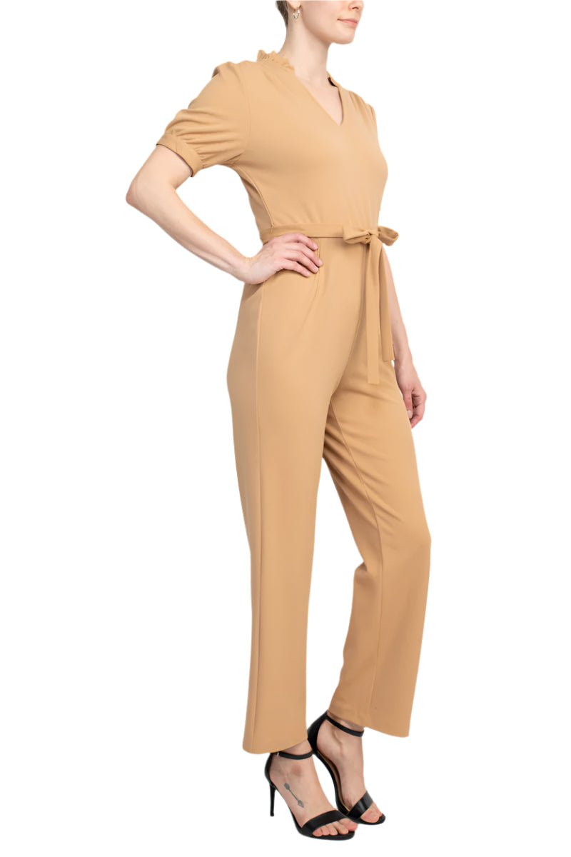 Nanette Lepore V - Neck Short Sleeve Tie Waist Solid Zipper Back Jumpsuit - Glamourous Grace