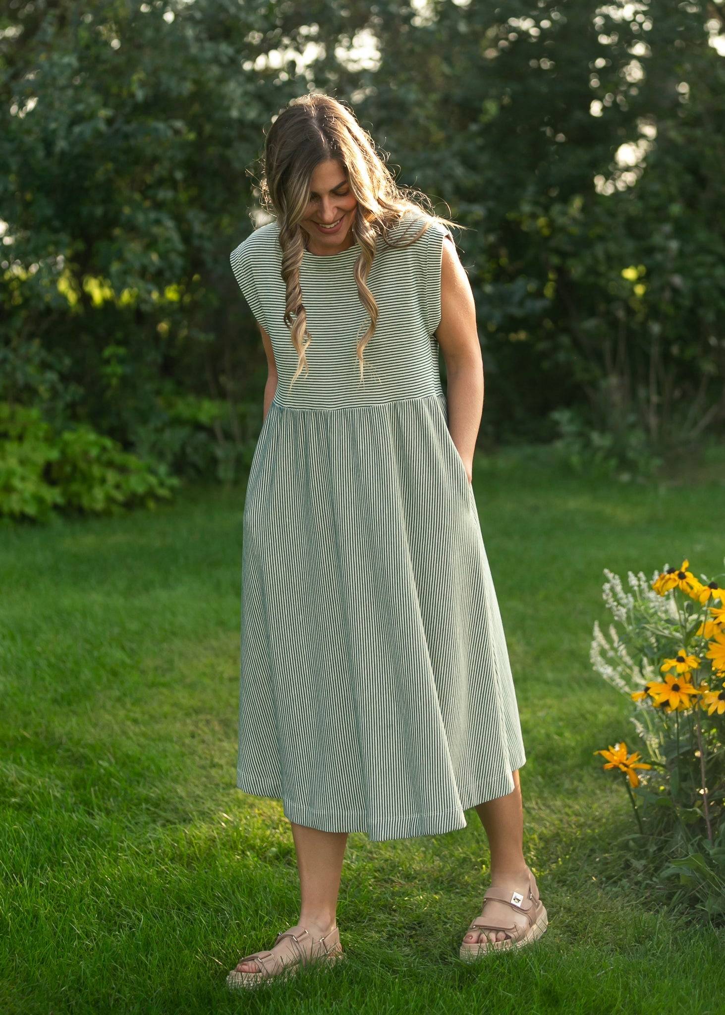 Olivia Green A-line Striped  Midi Dress