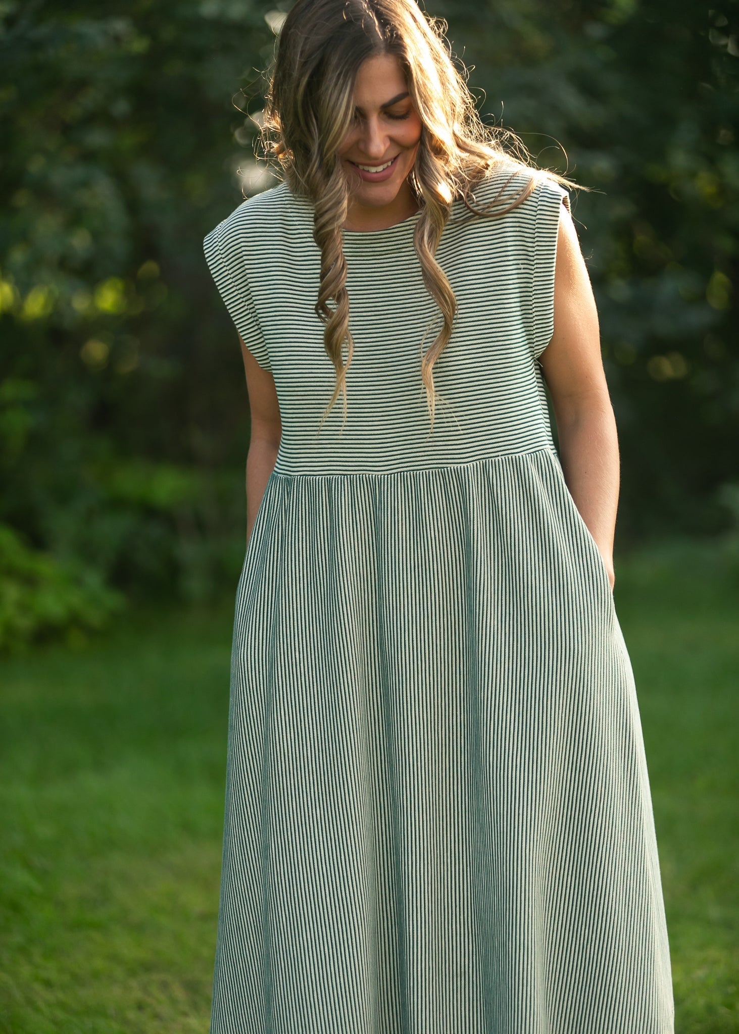 Olivia Green A-line Striped  Midi Dress