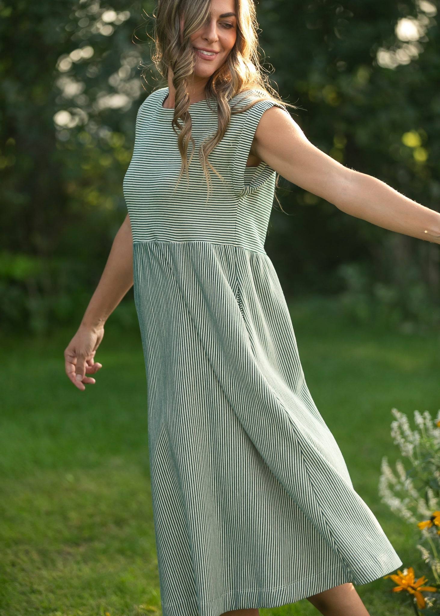 Olivia Green A-line Striped  Midi Dress