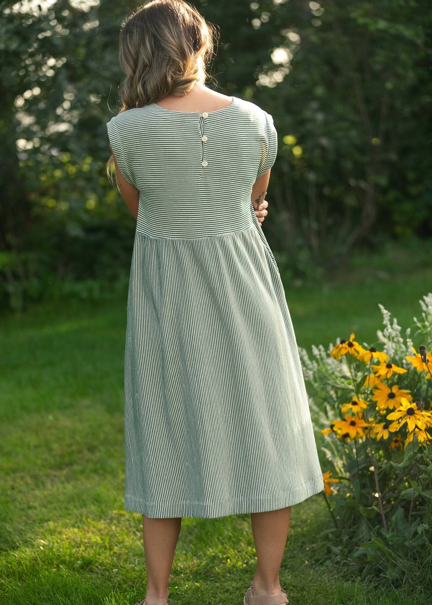 Olivia Green A-line Striped  Midi Dress