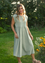 Olivia Green A-line Striped  Midi Dress