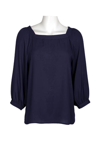 Joan Vass NY Square Boat Neck One Button 3/4 Sleeve Solid Woven Blouse - By Baano