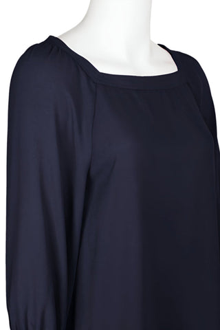 Joan Vass NY Square Boat Neck One Button 3/4 Sleeve Solid Woven Blouse - By Baano