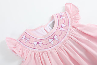 Pink and White Bows Smocked Bishop Dress