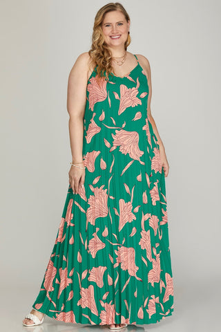 Pleated Woven Floral Print Maxi Dress