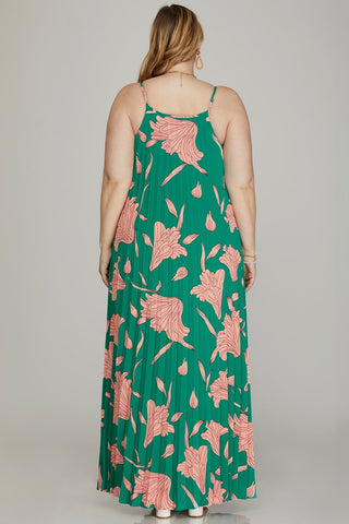 Pleated Woven Floral Print Maxi Dress
