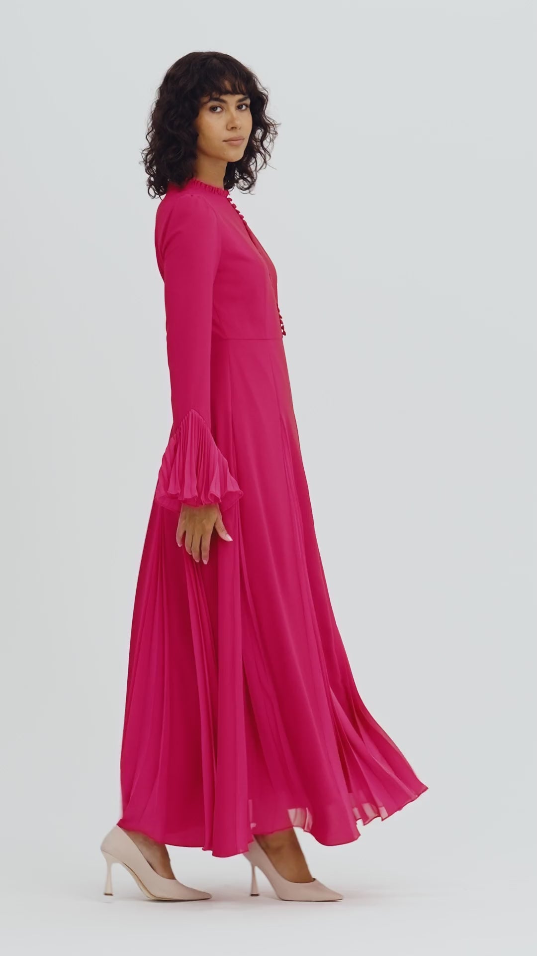 Pleated Design Long Maxi Dress with Decorative Front Buttons