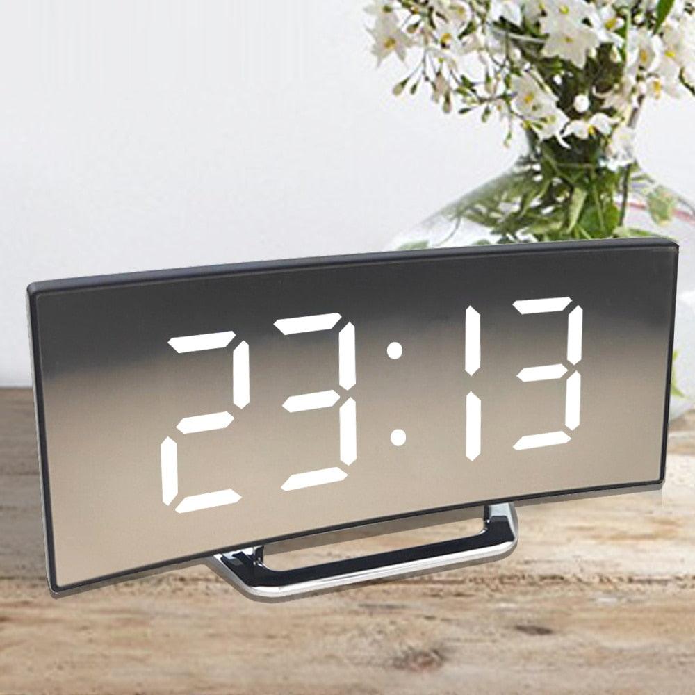 Digital Alarm Clock Desk Table Clock  3 Alarm Sounds Adjustable Volume Easy Digital Alarm Clock for Kids and Adults Compact Desk & Shelf Clocks for Bedroom Curved LED Screen Alarm Clocks For Kid Bedroom Temperature Snooze Function Home Decor Watch Stevvex