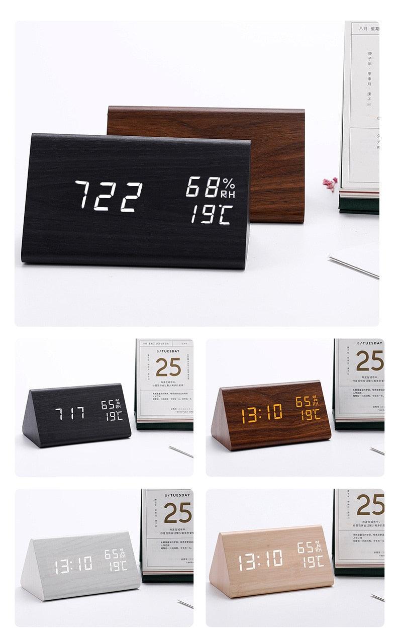 Digital Clock LED Wooden Alarm Clock Digital Alarm Clock with Wooden Electronic LED Time Display 3 Alarm Settings Humidity & Temperature Detect Wood Made Electric Clocks Table Sound Control Electronic Clocks Desktop USB/AAA Powered Home Table Decor Stevvex