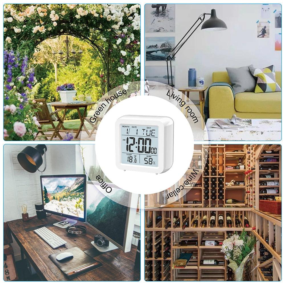 Digital Desktop LCD Snooze Calendar Alarm clock Digital Desktop Clock Electronic Digital Alarm Clocks for Bedroom Home Decor LCD Screen with Time/Calendar/Temperature Display White Bedroom Watch with Thermometer & Hygrometer for Home  Battery Operated Stevvex