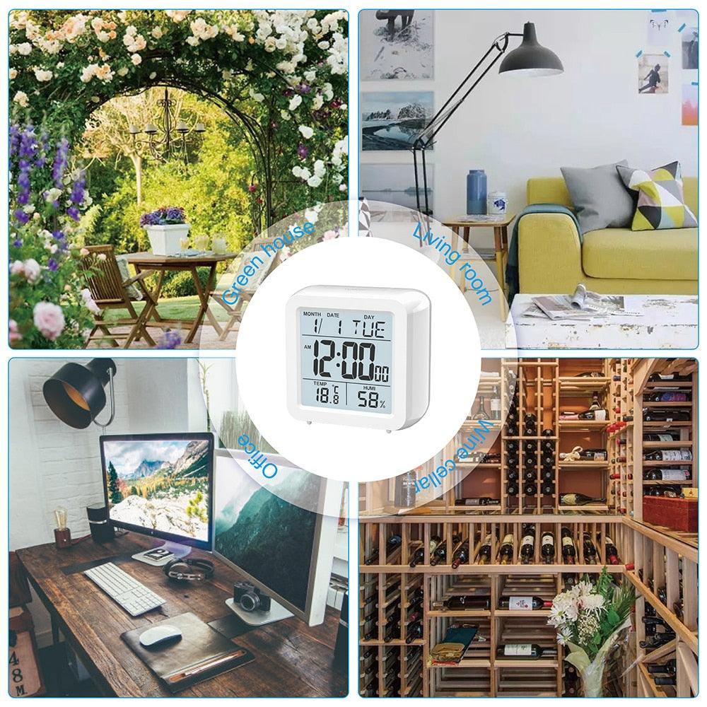 Digital Desktop LCD Snooze Calendar Alarm clock Digital Desktop Clock Electronic Digital Alarm Clocks for Bedroom Home Decor LCD Screen with Time/Calendar/Temperature Display White Bedroom Watch with Thermometer & Hygrometer for Home  Battery Operated Stevvex