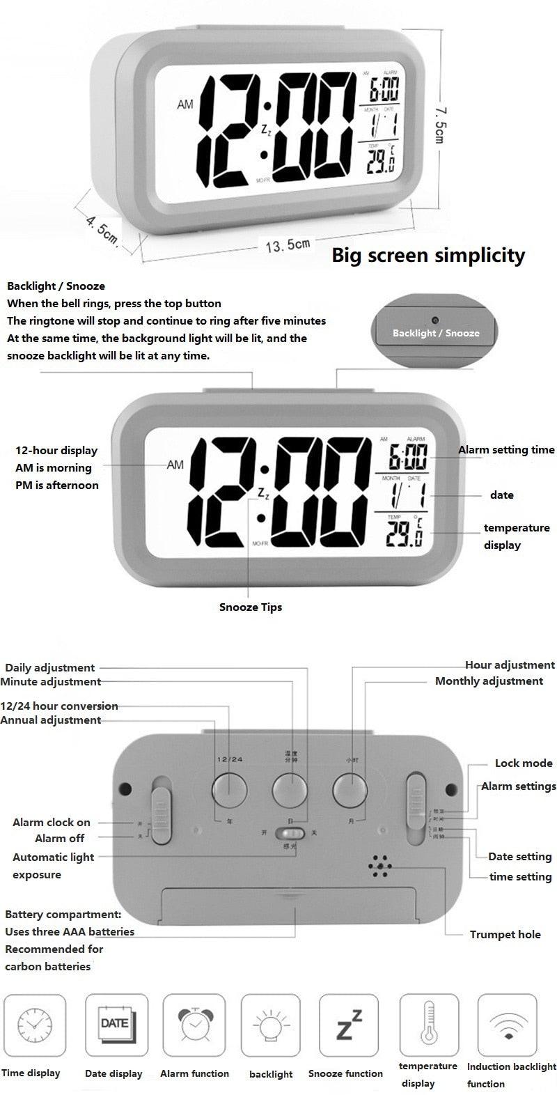 Digital Alarm Clock Voice Alarm Clock Intelligent Smart Timer Creative Students Mute LED Electronic Warning Machinery Gifts Battery Operated LCD Electronic Clock for Bedroom Home Kitchen Office Outdoor Stevvex