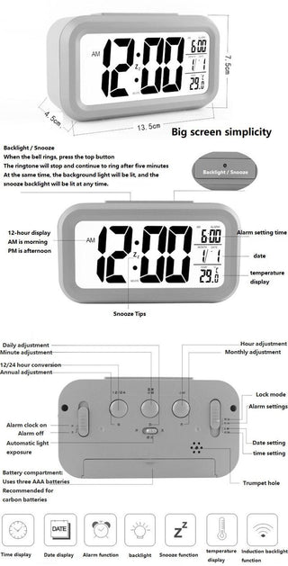 Digital Alarm Clock Voice Alarm Clock Intelligent Smart Timer Creative Students Mute LED Electronic Warning Machinery Gifts Battery Operated LCD Electronic Clock for Bedroom Home Kitchen Office Outdoor Stevvex