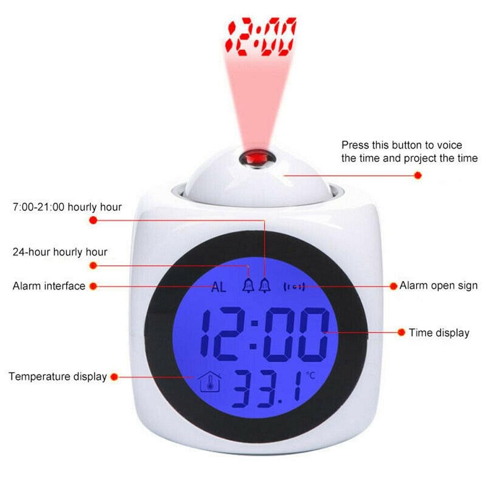 Digital Alarm Clock Projection Alarm Clock Wake Up Bedroom with Data and Temperature Display Talking Function LED Wall/Ceiling Projection Clock LCD Creative Projector Weather Temperature Desk Time Date Display Projection USB Charger Home Clock Timer Stevvex